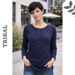 TRIBAL Embroidered Henley Top — Navy | Button Front | Boho Casual | Size Small
